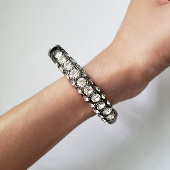 Vintage Dark Toned Bangle Bracelet with Clear Rhinestones - Picture 1 of 7